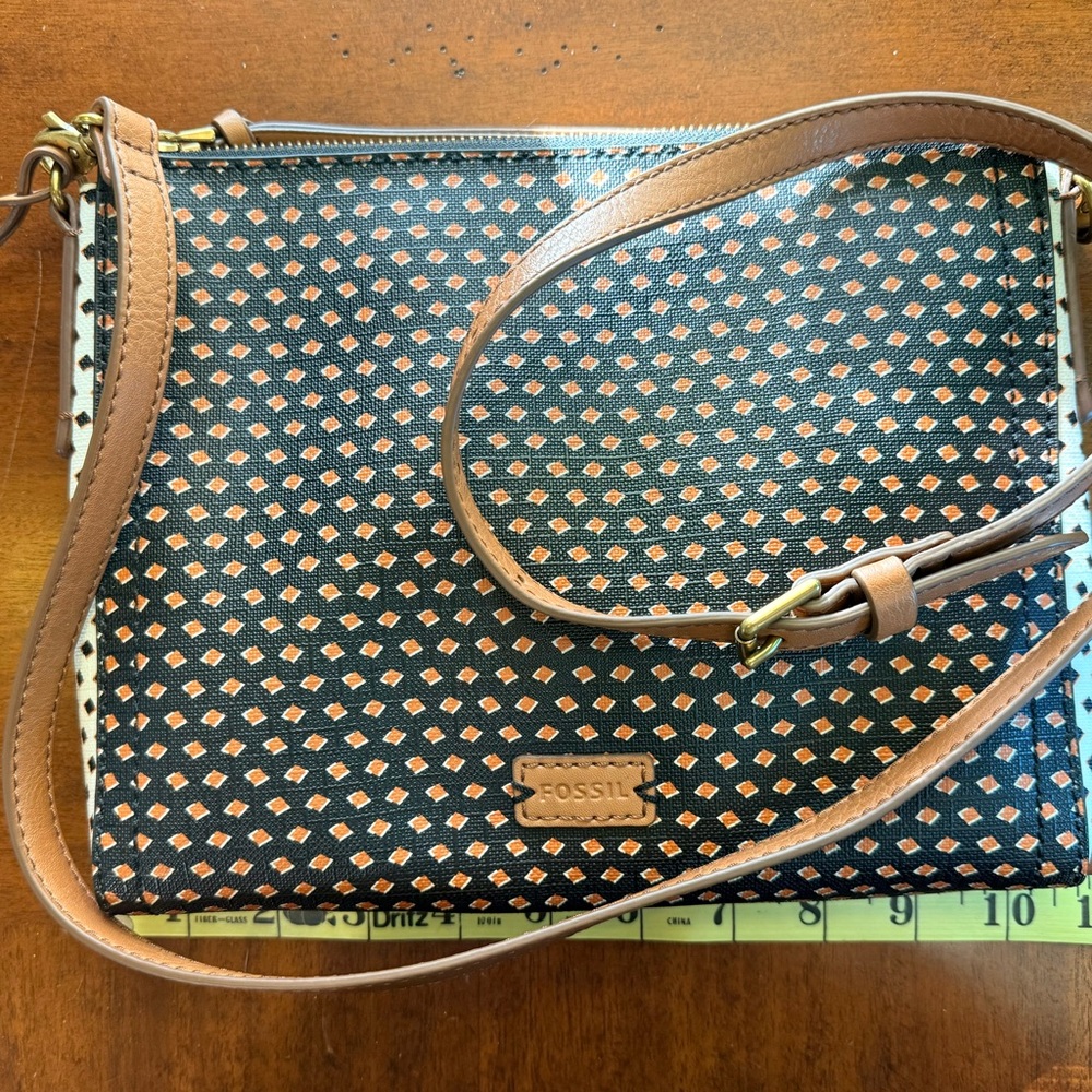 Fossil Patterned Black and Tan Crossbody Bag